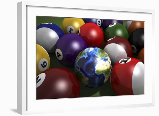 Pool Table with Balls and One of Them as Planet Earth-null-Framed Art Print