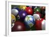 Pool Table with Balls and One of Them as Planet Earth-null-Framed Art Print