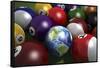 Pool Table with Balls and One of Them as Planet Earth-null-Framed Stretched Canvas