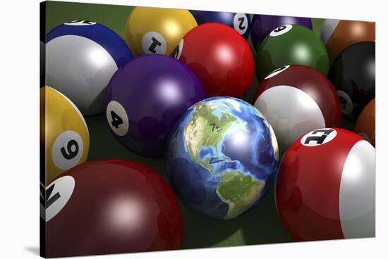 Pool Table with Balls and One of Them as Planet Earth-null-Stretched Canvas