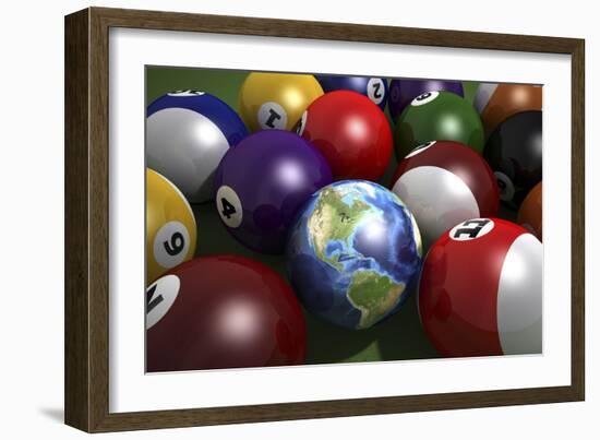 Pool Table with Balls and One of Them as Planet Earth-null-Framed Art Print