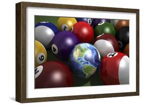 Pool Table with Balls and One of Them as Planet Earth-null-Framed Art Print