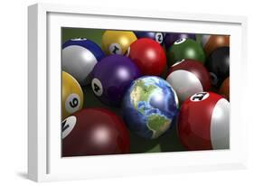 Pool Table with Balls and One of Them as Planet Earth-null-Framed Art Print