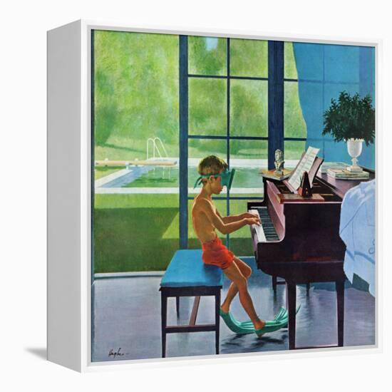 "Poolside Piano Practice," June 11, 1960-George Hughes-Framed Stretched Canvas
