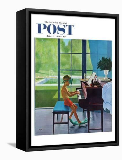 "Poolside Piano Practice," Saturday Evening Post Cover, June 11, 1960-George Hughes-Framed Stretched Canvas