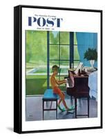 "Poolside Piano Practice," Saturday Evening Post Cover, June 11, 1960-George Hughes-Framed Stretched Canvas
