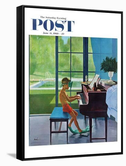 "Poolside Piano Practice," Saturday Evening Post Cover, June 11, 1960-George Hughes-Framed Stretched Canvas