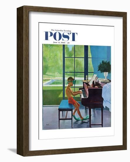 "Poolside Piano Practice," Saturday Evening Post Cover, June 11, 1960-George Hughes-Framed Premium Giclee Print