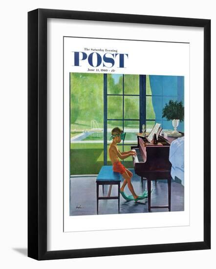 "Poolside Piano Practice," Saturday Evening Post Cover, June 11, 1960-George Hughes-Framed Premium Giclee Print