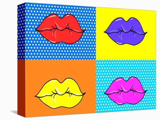 Pop Art Lips. Warhol Style Poster. Dot Background, Raster Effect. Vector Fashion Illustration. Hand-oksanka007-Stretched Canvas