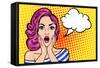 Pop Art Surprised Woman with Open Mouth on a Yellow Vintage Background. Vector Illustration with Bu-Anastasia Stoma-Framed Stretched Canvas