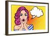 Pop Art Surprised Woman with Open Mouth on a Yellow Vintage Background. Vector Illustration with Bu-Anastasia Stoma-Framed Art Print