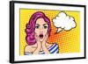 Pop Art Surprised Woman with Open Mouth on a Yellow Vintage Background. Vector Illustration with Bu-Anastasia Stoma-Framed Art Print