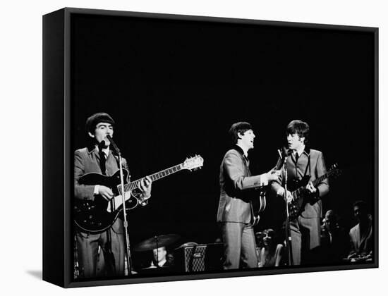 Pop Music Group the Beatles in Concert George Harrison, Paul McCartney, John Lennon-Ralph Morse-Framed Stretched Canvas