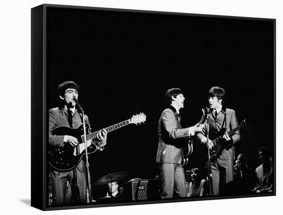 Pop Music Group the Beatles in Concert George Harrison, Paul McCartney, John Lennon-Ralph Morse-Framed Stretched Canvas