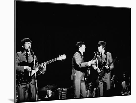 Pop Music Group the Beatles in Concert George Harrison, Paul McCartney, John Lennon-Ralph Morse-Mounted Premium Photographic Print