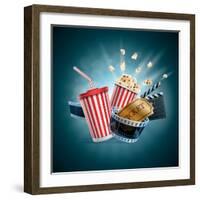 Popcorn Box; Disposable Cup for Beverages with Straw, Film Strip, Clapper Board and Ticket-Suat Gursozlu-Framed Art Print