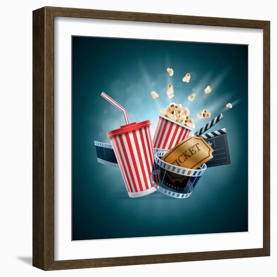 Popcorn Box; Disposable Cup for Beverages with Straw, Film Strip, Clapper Board and Ticket-Suat Gursozlu-Framed Art Print
