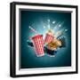 Popcorn Box; Disposable Cup for Beverages with Straw, Film Strip, Clapper Board and Ticket-Suat Gursozlu-Framed Art Print