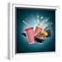 Popcorn Box; Disposable Cup for Beverages with Straw, Film Strip, Clapper Board and Ticket-Suat Gursozlu-Framed Art Print