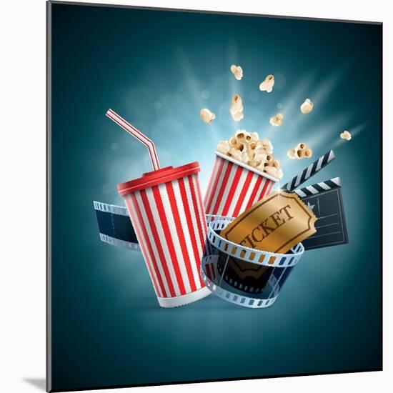 Popcorn Box; Disposable Cup for Beverages with Straw, Film Strip, Clapper Board and Ticket-Suat Gursozlu-Mounted Art Print