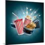 Popcorn Box; Disposable Cup for Beverages with Straw, Film Strip, Clapper Board and Ticket-Suat Gursozlu-Mounted Art Print