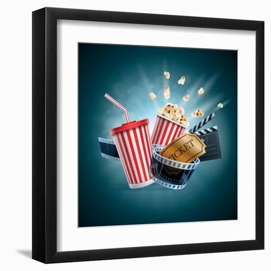 Popcorn Box; Disposable Cup for Beverages with Straw, Film Strip, Clapper Board and Ticket-Suat Gursozlu-Framed Art Print