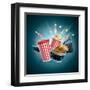 Popcorn Box; Disposable Cup for Beverages with Straw, Film Strip, Clapper Board and Ticket-Suat Gursozlu-Framed Art Print