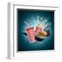 Popcorn Box; Disposable Cup for Beverages with Straw, Film Strip, Clapper Board and Ticket-Suat Gursozlu-Framed Art Print