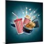 Popcorn Box; Disposable Cup for Beverages with Straw, Film Strip, Clapper Board and Ticket-Suat Gursozlu-Mounted Art Print