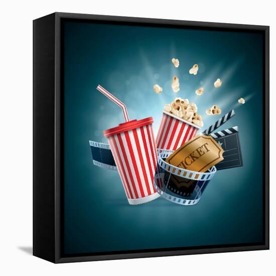 Popcorn Box; Disposable Cup for Beverages with Straw, Film Strip, Clapper Board and Ticket-Suat Gursozlu-Framed Stretched Canvas