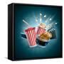 Popcorn Box; Disposable Cup for Beverages with Straw, Film Strip, Clapper Board and Ticket-Suat Gursozlu-Framed Stretched Canvas
