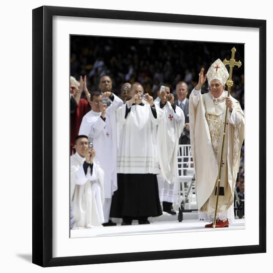 Pope Benedict XVI Acknowledges the Crowd as He Arrives for a Mass-null-Framed Photographic Print