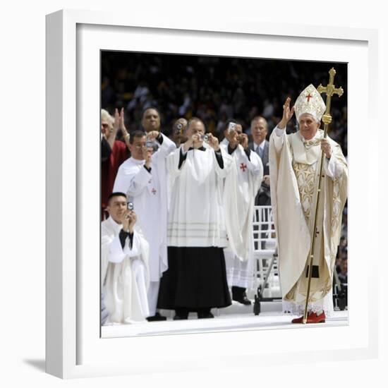 Pope Benedict XVI Acknowledges the Crowd as He Arrives for a Mass-null-Framed Photographic Print