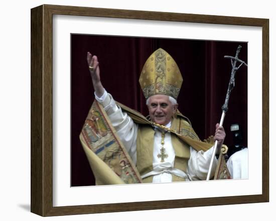 Pope Benedict XVI Waves to Pilgrims and Faithful fromSt. Peter's Basilica at the Vatican-null-Framed Photographic Print