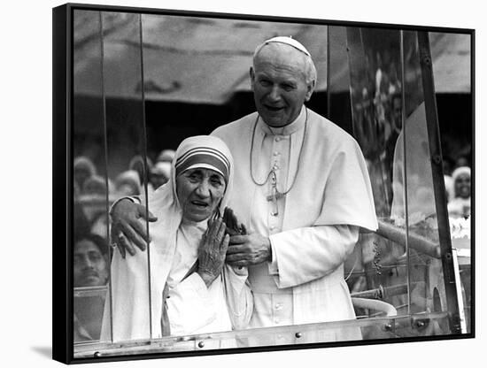 Pope John Paul II Holds His Arm Around Mother Teresa-null-Framed Stretched Canvas