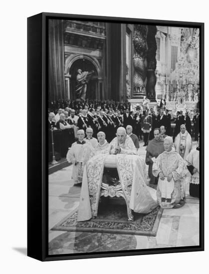 Pope John XXIII, with Bishops Kneeling in Prayer, St. Peter's Basilica, Opening of Vatican II-Hank Walker-Framed Stretched Canvas