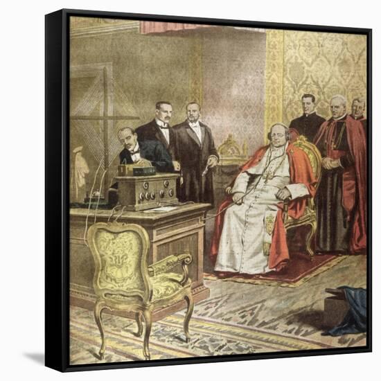 Pope Pius XI Listens to the Radio Broadcast of a Concert-Alfredo Ortelli-Framed Stretched Canvas