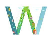 Kids Letter W Sign Cartoon Alphabet with Cars and Houses. for Children Boys and Girls with City, Ho-Popmarleo-Art Print