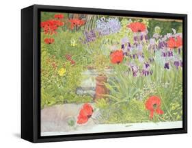 Poppies and Irises Near the Pond-Linda Benton-Framed Stretched Canvas