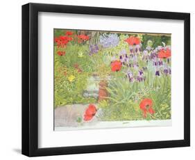 Poppies and Irises Near the Pond-Linda Benton-Framed Premium Giclee Print