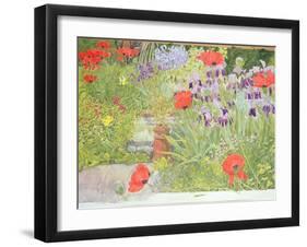 Poppies and Irises Near the Pond-Linda Benton-Framed Giclee Print