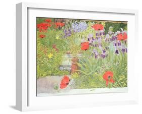 Poppies and Irises Near the Pond-Linda Benton-Framed Giclee Print