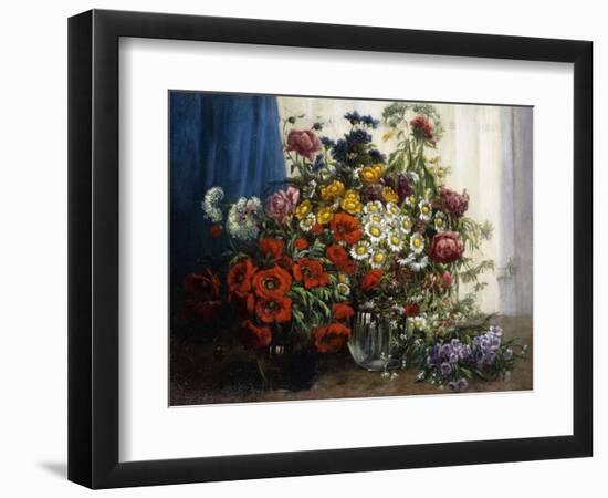 Poppies, Chrysanthemums, Peonies and other Wild Flowers in Glass Vases-Constantin Stoitzner-Framed Giclee Print