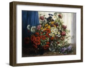 Poppies, Chrysanthemums, Peonies and other Wild Flowers in Glass Vases-Constantin Stoitzner-Framed Giclee Print