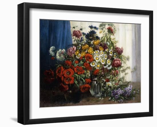 Poppies, Chrysanthemums, Peonies and other Wild Flowers in Glass Vases-Constantin Stoitzner-Framed Giclee Print