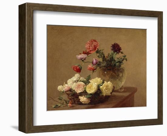 Poppies in a Crystal Vase and Roses in a Basket-Henri Fantin-Latour-Framed Giclee Print