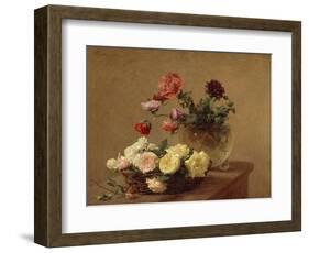 Poppies in a Crystal Vase and Roses in a Basket-Henri Fantin-Latour-Framed Giclee Print