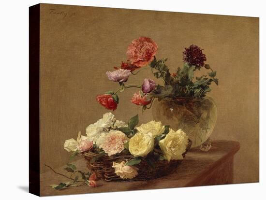 Poppies in a Crystal Vase and Roses in a Basket-Henri Fantin-Latour-Stretched Canvas