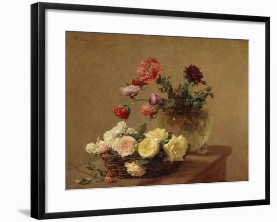 Poppies in a Crystal Vase and Roses in a Basket-Henri Fantin-Latour-Framed Giclee Print